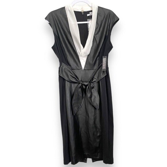 New York & Company Faux Leather Front Bow V-Neck Sleeveless Black Cocktail Dress - Picture 2 of 10